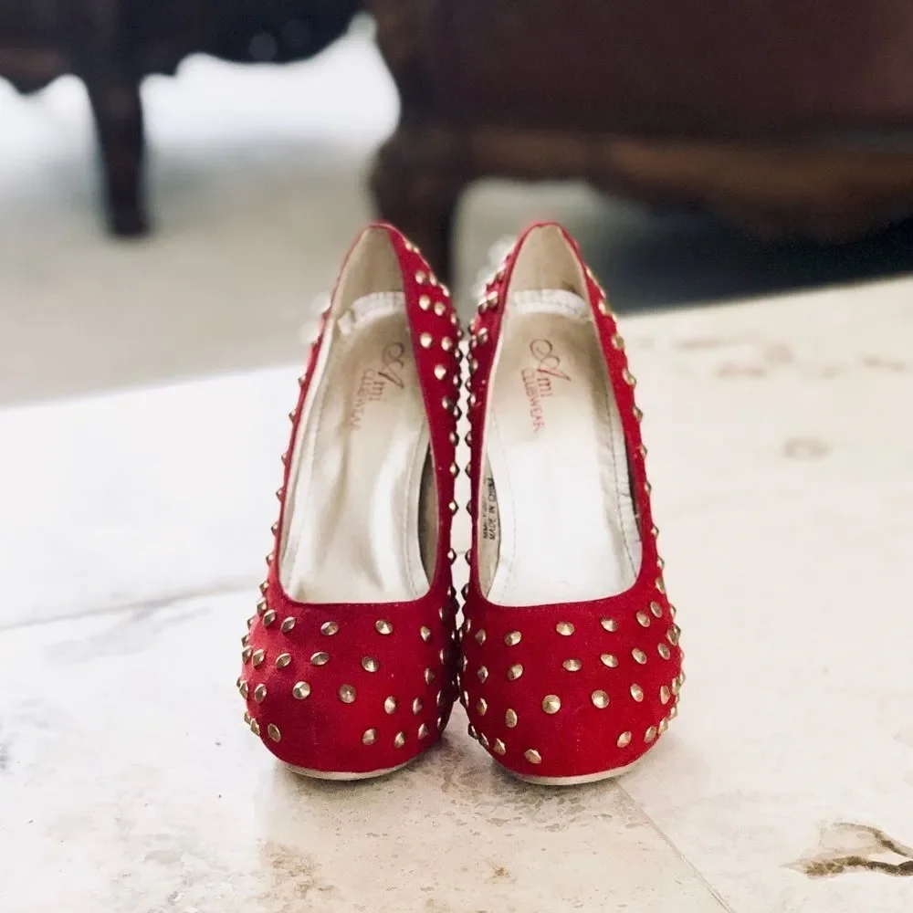 Gold Studded Red Platform Heels